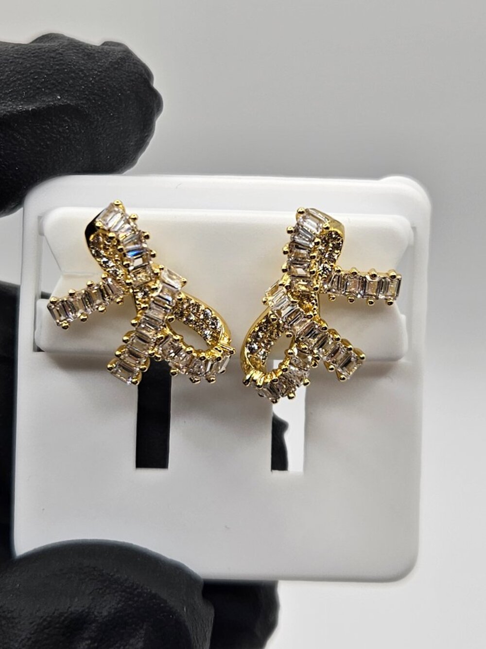 Gold Filled 5A Baguette CZ Ribbon Bow Stud Earrings